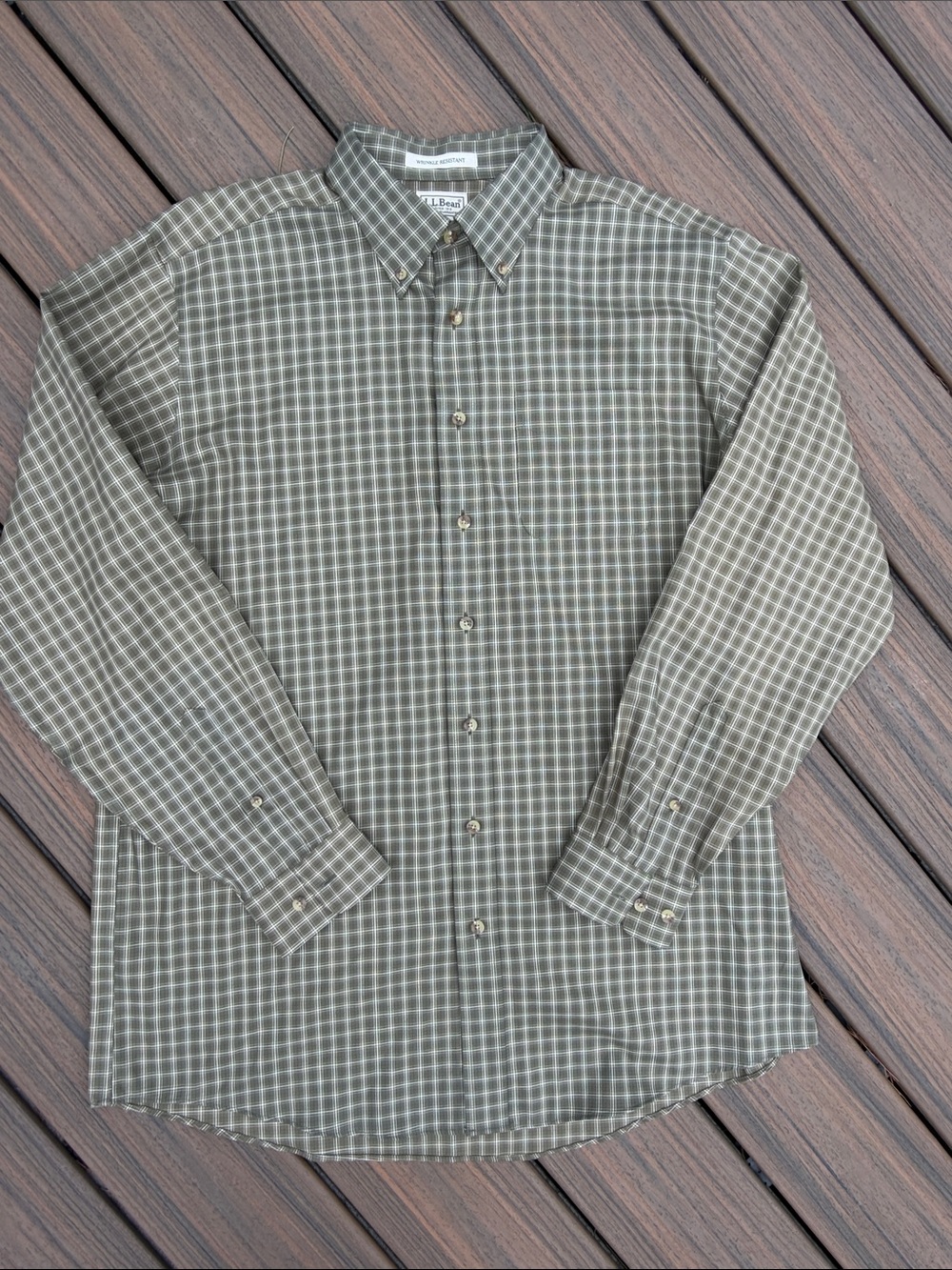 L.L. Bean Olive and White Checked Button-Down Shirt